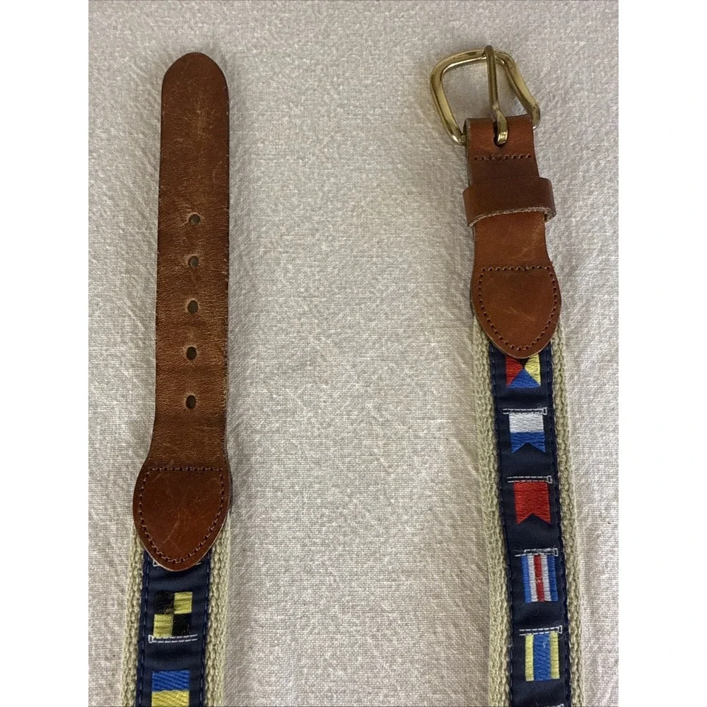 Leather Man Nautical Flags Canvas Leather Belt Size 42 USA Solid Brass Buckle